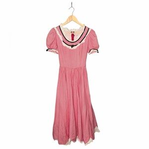 Vintage 1940s Post War Handmade Red Gingham Laced Trimmed Prairie Maxi Dress